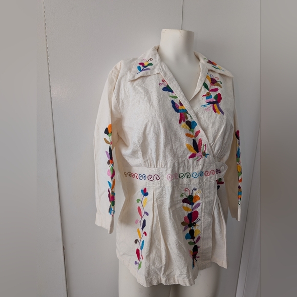 Otomi Blouse Hand embroidered Neutral and multicolor Crossed Top - Picture 9 of 9